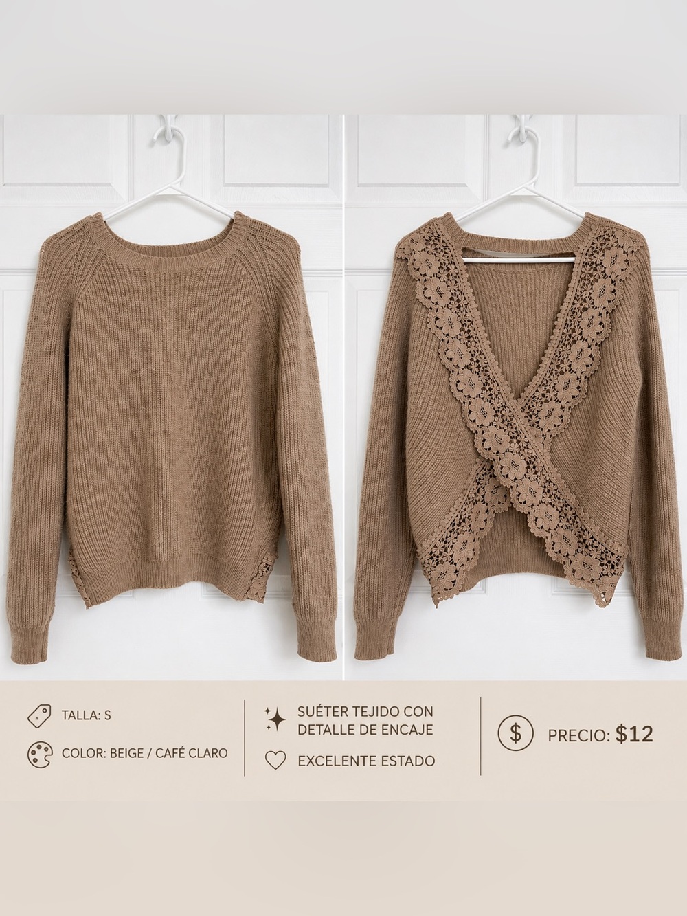 Suéter beige tejido con encaje espalda talla S